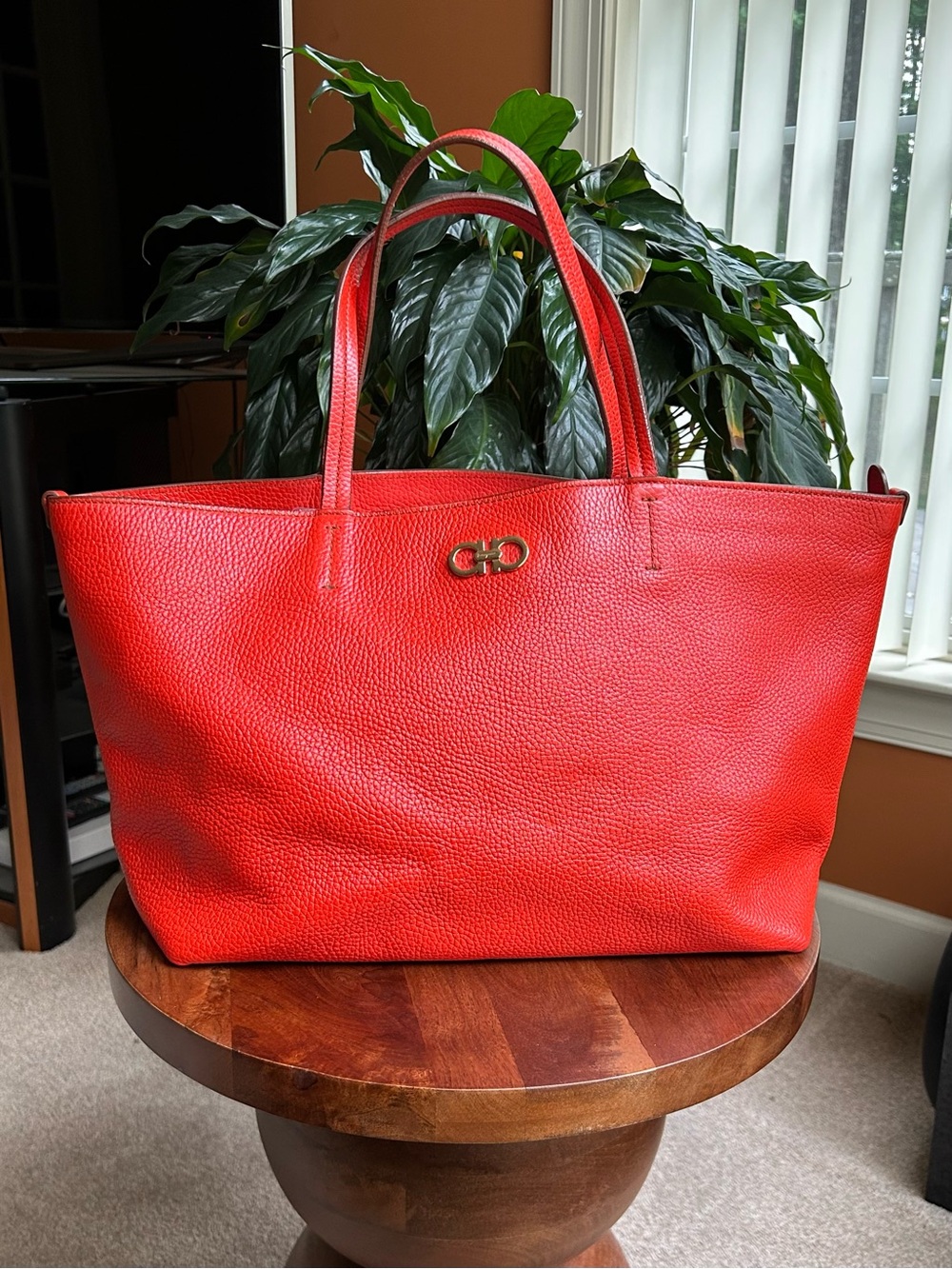 SALVATORE FERRAGAMO Calfskin Medium Tote, Deep Orange